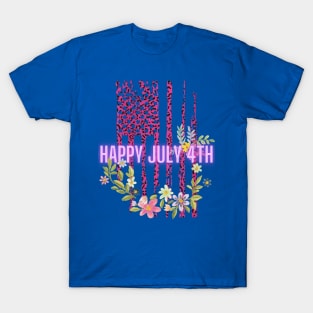 Happy July 4th (pink flag and flowers) T-Shirt